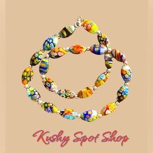 Vintage Millefiori 🌼🌸 Murano Glass Oval Beads Multicolored Necklace sz. 18”L